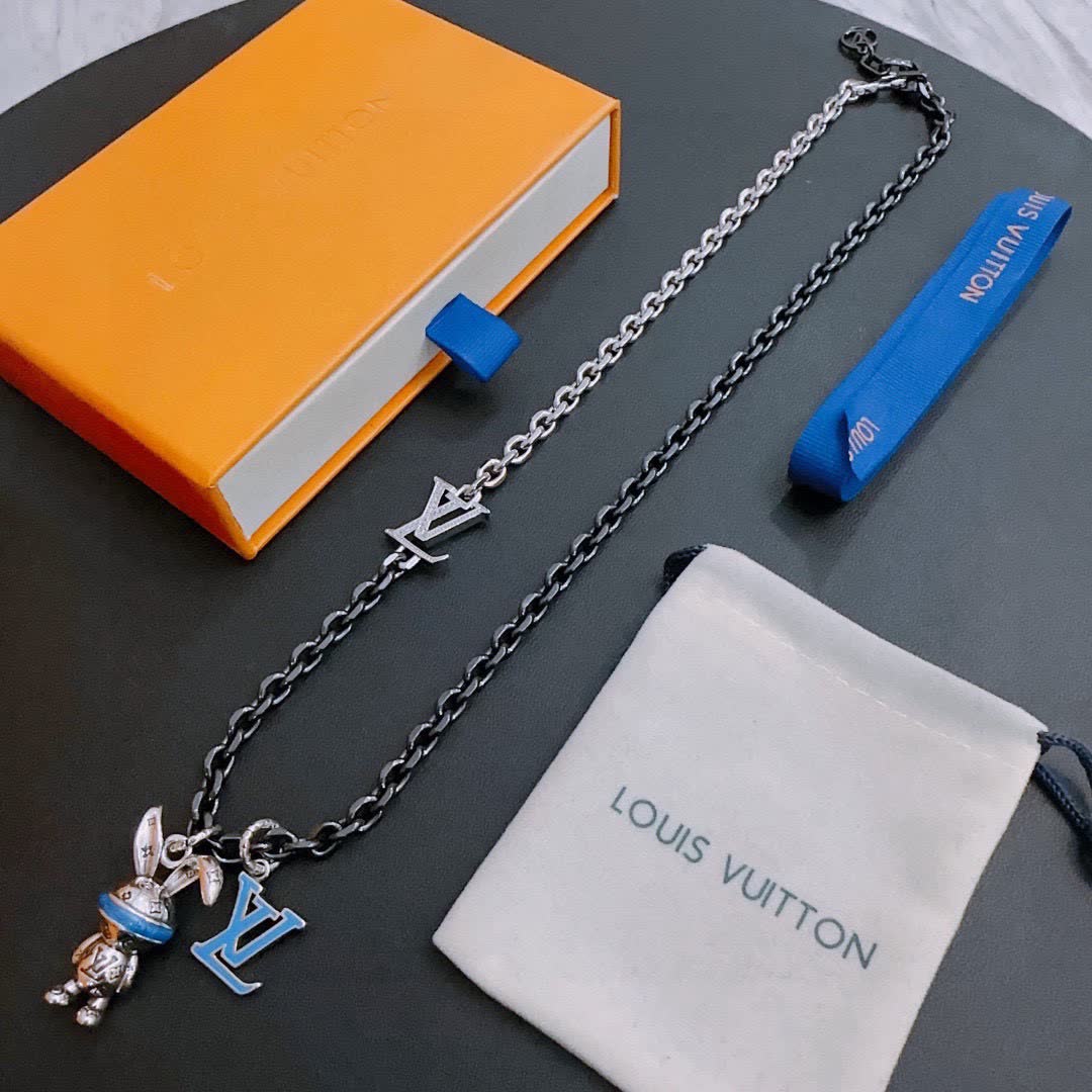 Louis Vuitton Silver Chain Necklace with LV Logo and Bunny Charm